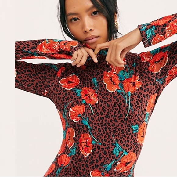 Free People Red and Black Sheath Dress with Bishop Sleeves - Picture 2 of 12